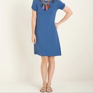 Chicos Jersey Knit Dress 0 Small Blue Knee Length Twist Sleeve Stretch